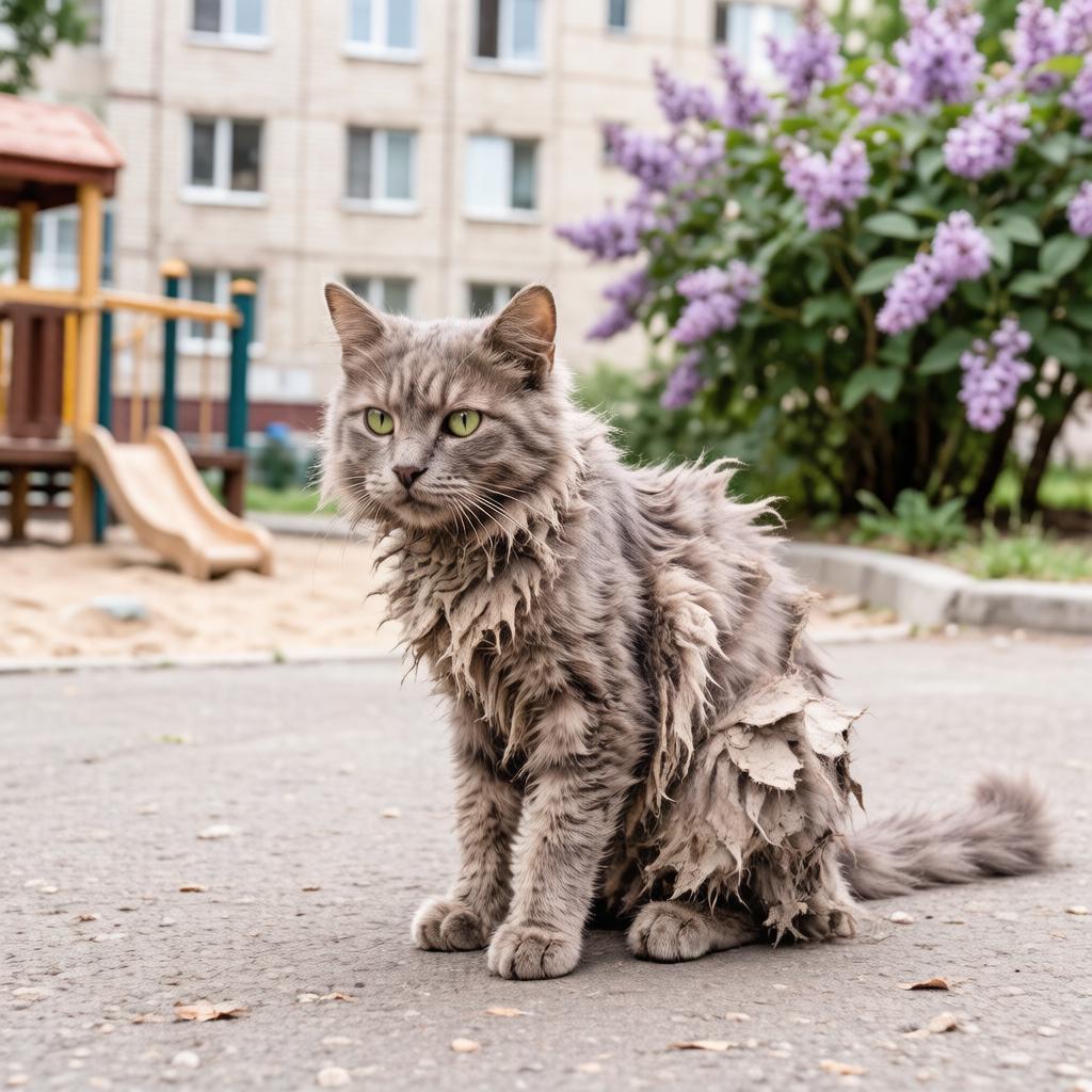 колтуны у уличной кошки