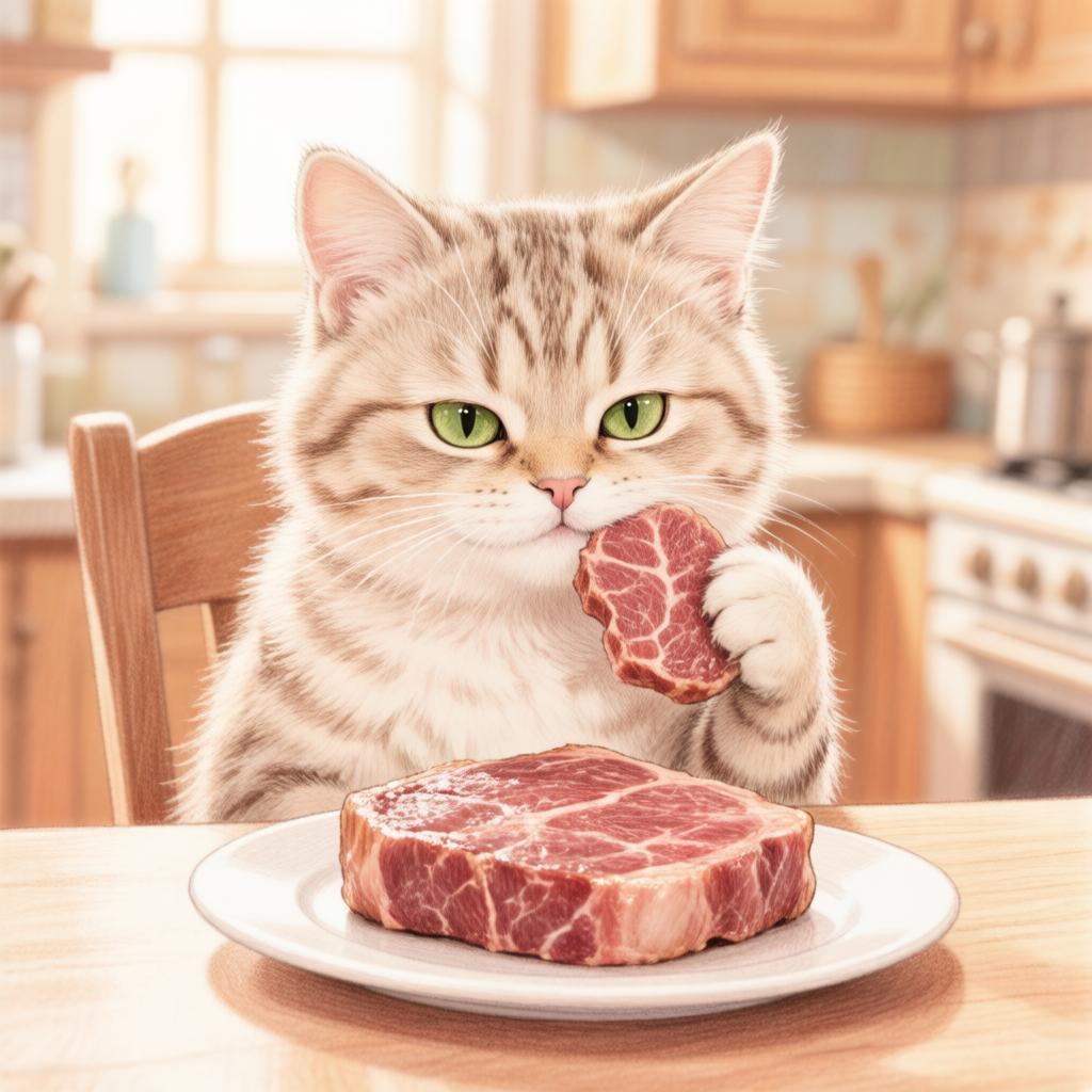 кошка ест сырое мясо