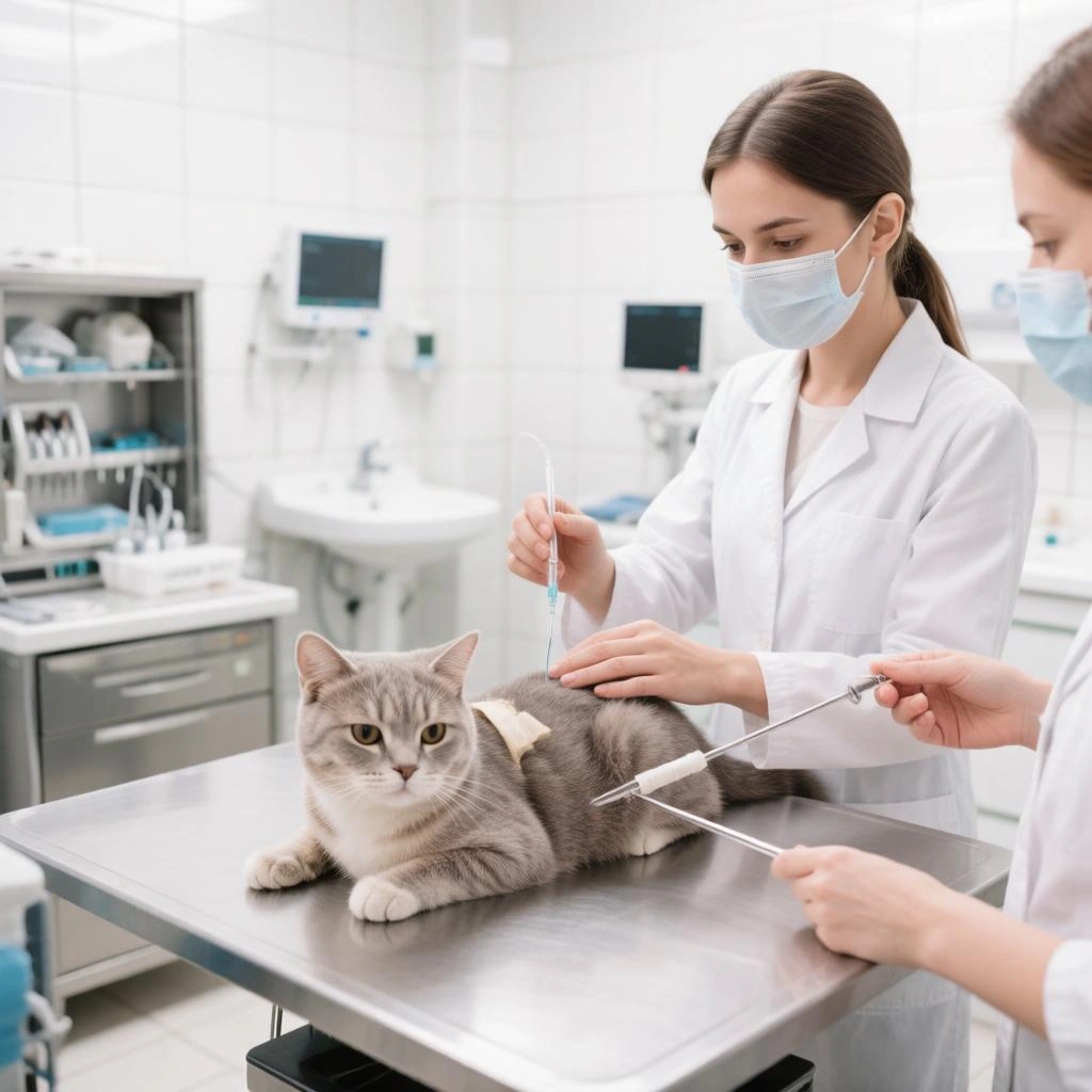 кошка лежит на ветеринарном столе