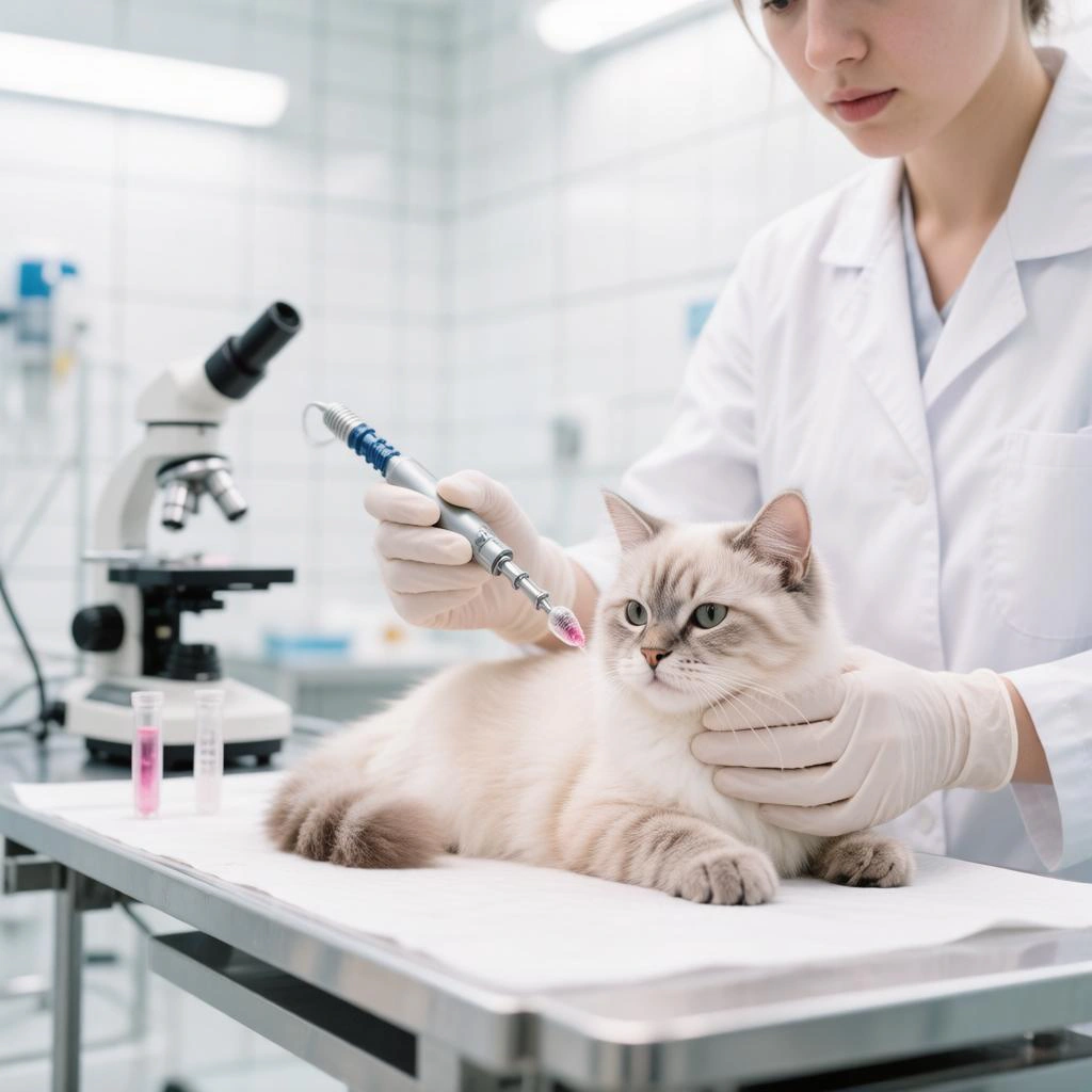Кошка на столе рядом с человеком в халате и перчатках