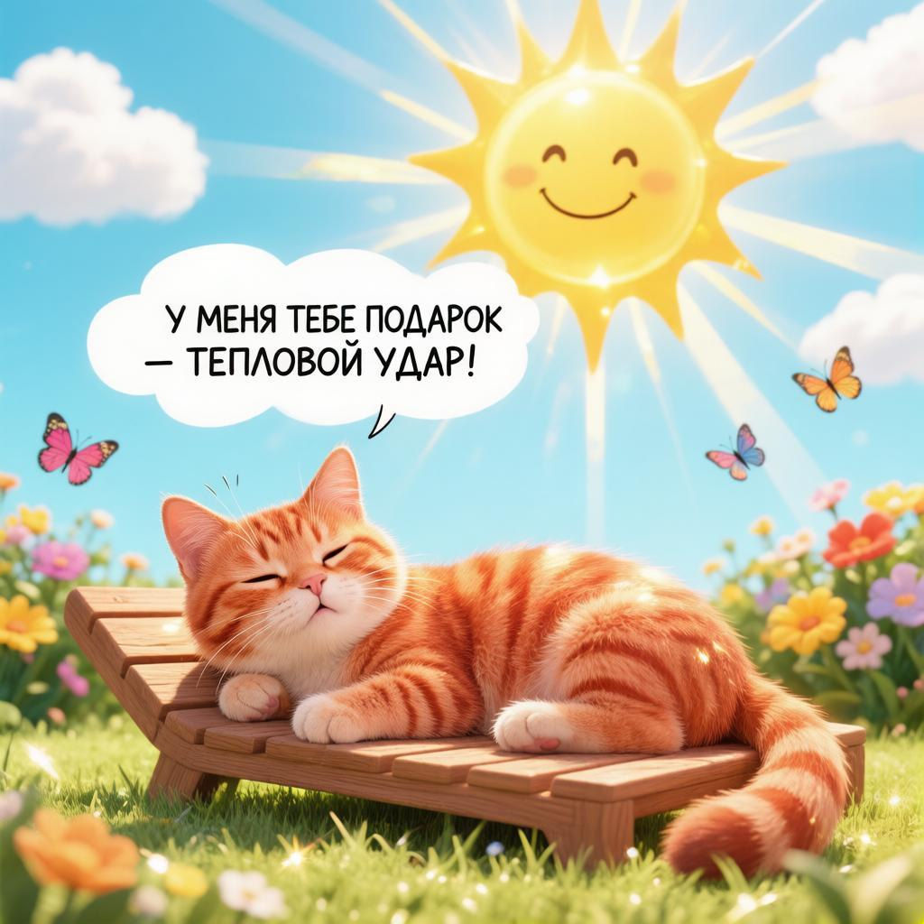 кошка греется под солнцем на шезлонге